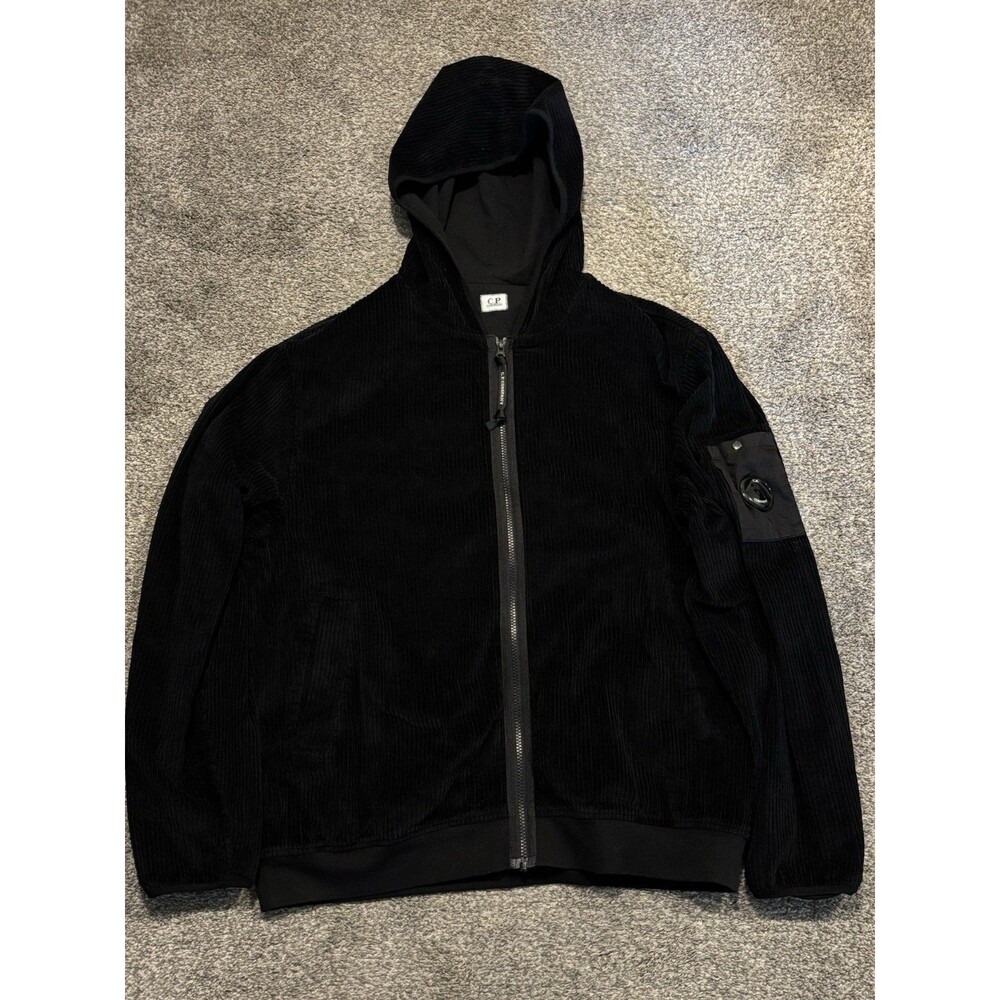CP Company Corduroy 350 Full Zip Hooded Sweatshirt Size XL Black FW25